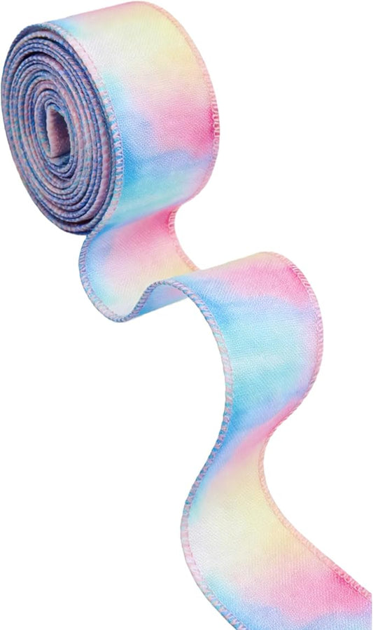 Meseey 2.5 Inch x 10 Yards Pastel Wired Ribbon, Rainbow Gradient Wired Edge Ribbon for Easter Wreaths, Gift Wrapping, Easter Baskets, Crafts, Spring Party Decorations