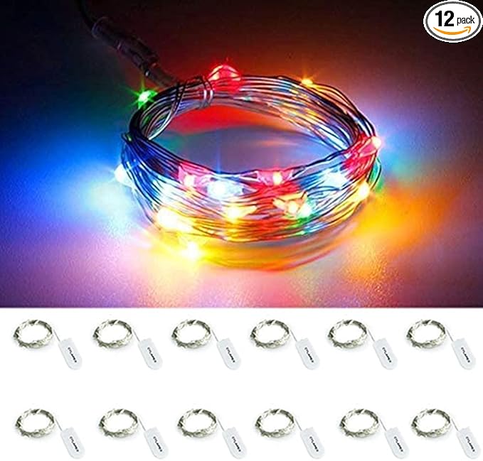 CYLAPEX 12 Pack Fairy Lights Battery Operated 7ft 20 LED Mini String Lights Silver Wire Firefly Starry Moon Lights for Christmas Mason Jars Party Wedding Centerpiece Table Decorations, Multicolor