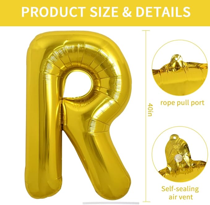 TONIFUL 40 Inch Large Gold Letter R Balloons, Foil Mylar Big Balloons for 2026 New Year Eve Graduation Wedding Baby Shower Birthday Party Anniversary Supplies Decorations