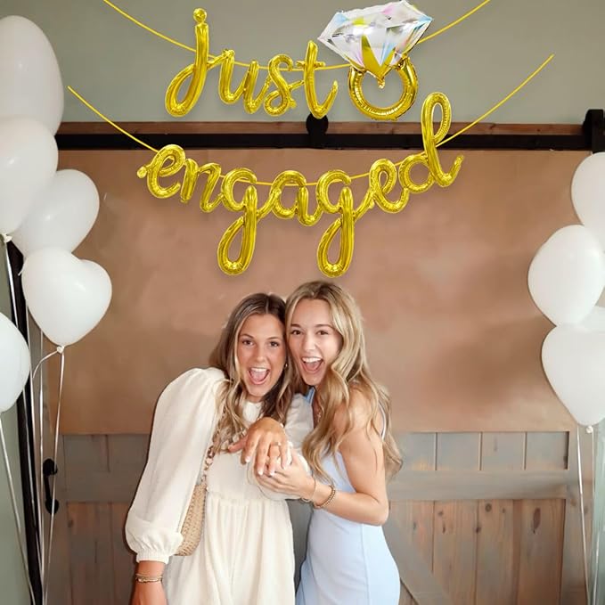 Just Engaged Gold Balloons Banner 18Inch Mylar Letter Balloons with Diamond Ring Balloon for Engagement Party Decorations Congratulations Engaged Bridal Shower Wedding Decor Proposal Decorations