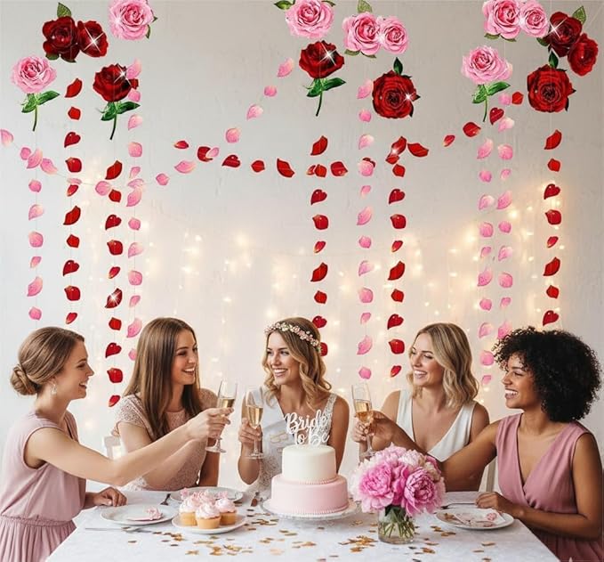 Cheerland Red Pink Rose Garland Flower Roses Petal Streamers Paper Love Banner for Floral Romantic Wedding Engagement Anniversary Bridal Shower Birthday Hanging Mothers Day Party Decorations 12pcs