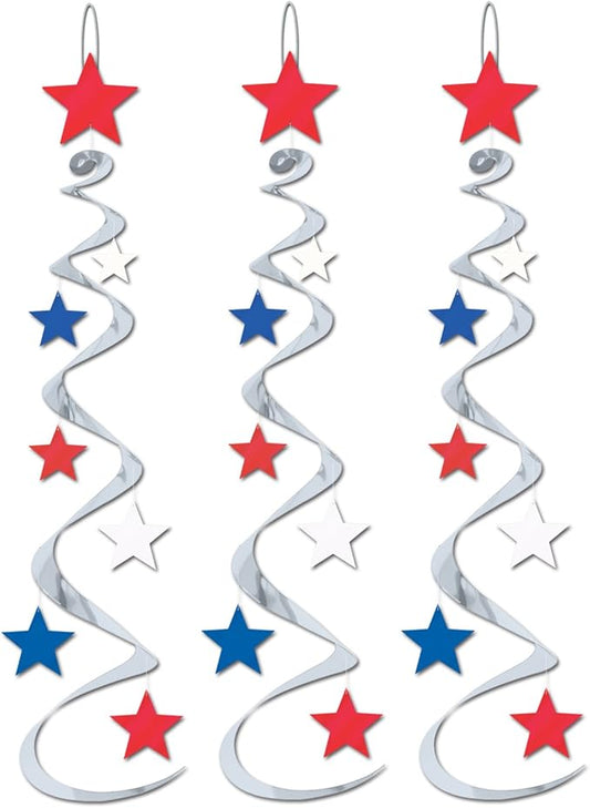 Beistle Red, Silver & Blue Star Whirls, Hanging Patriotic Decorations, USA Party Supplies, Fourth of July, Memorial Day & Themed Holiday Decor