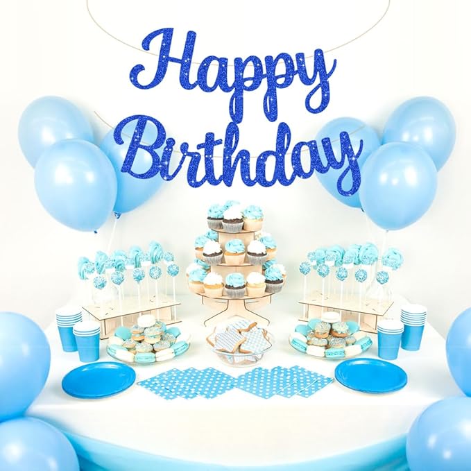 BEISHIDA Happy Birthday Banner - NO DIY,Blue 10Feet Pre-Strung-Glitter Birthday Sign Garland Backdrop Decorations for Women men Party
