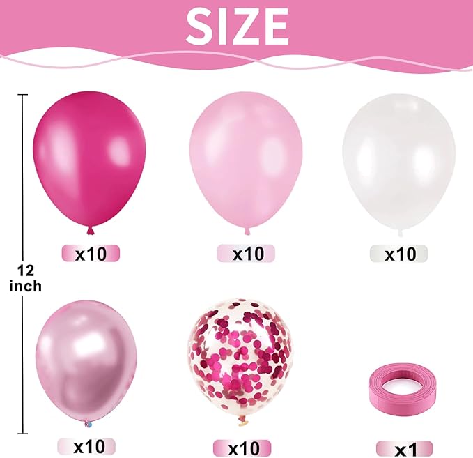 Hot Pink White Balloons Set, Include 50pcs 12inch Pastel Light Pink Confetti White Latex Balloons and Metallic Pink Balloon with Ribbons for Birthday Wedding Princess Party Decorations