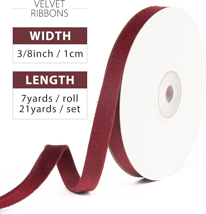 Maroon Velvet Ribbon 3/8 Inch x 21Yd Double Faced Thin Dark Red Velvet Ribbons Set for Christmas Tree Ornaments Gift Wrapping Wedding Decoration Wreath & Hair Bows Making
