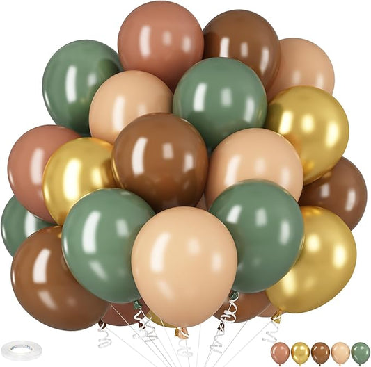 HILAVO Sage Green and Brown Balloons, 12 Inch Olive Green Brown and Gold Jungle Safari Balloons for Baby Shower Camo Army Woodland Forest Hunting Wild One Birthday Party Decorations