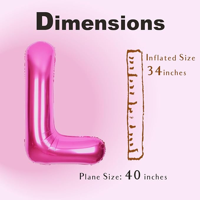 SUWEN 40 Inch Hot Pink Large L Letter Balloons Big Foil Helium Letter Balloons A-Z Jumbo Mylar Happy Birthday Party Decorations for Woman Anniversary Party Supplies