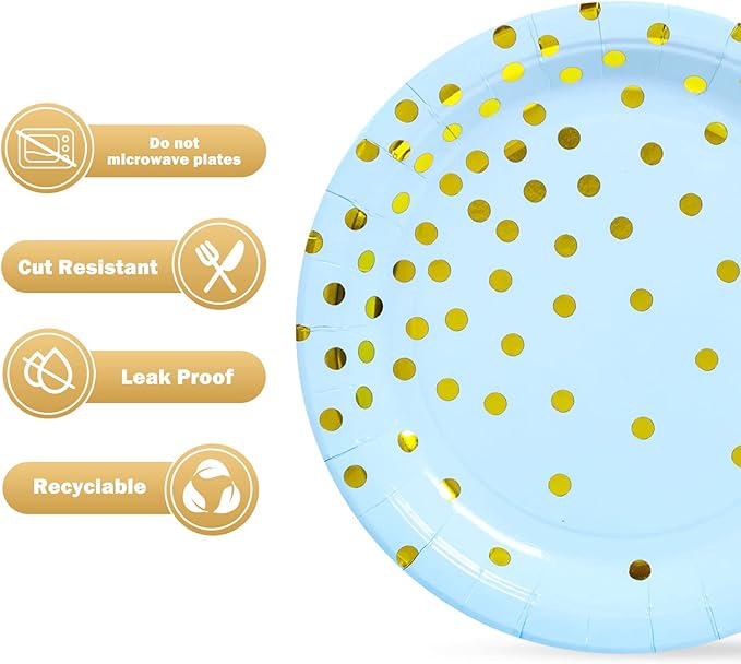 Blue Gold Paper Plates 100PCS,Pink and Gold Dots Dessert Plates,Disposable Round Party Supplies great for Baby Shower,Birthday,Wedding,Bridal Showers(7inch)