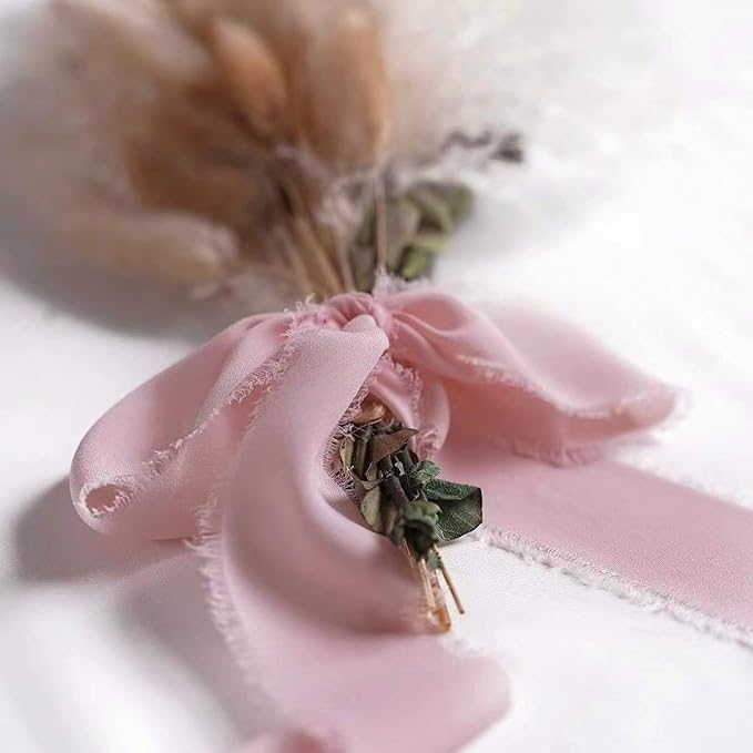 Dusty Rose Chiffon Ribbon 1.5" x 21 Yd Handmade Silk Fringe Chiffon Fabric Ribbon for Gift Wrapping Wedding Invitation Bridal Flower Bouquet DIY Crafts Home Decor