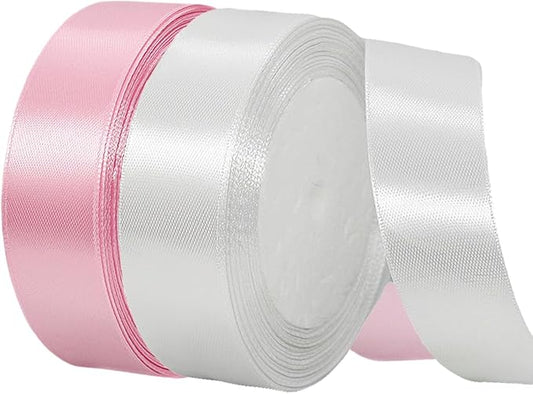 2 Rolls Pink White Ribbon, 1 Inch x 50 Yards Satin Pink Fabric Ribbon for Flower Bouquets, Gift Wrapping, DIY Crafts, Birthday Cakes, Holiday, Wedding Party and Mother’s Day Decorations