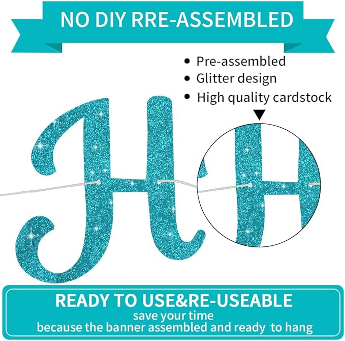 BEISHIDA Happy Birthday Banner - NO DIY,Light Blue 10Feet Pre-Strung-Glitter Birthday Sign Garland Backdrop Decorations for Women men Party