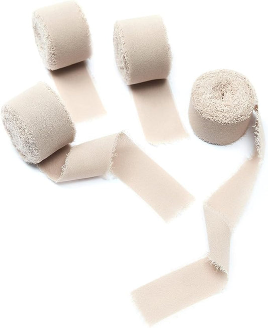 4 Rolls Nude Handmade Fringe Chiffon Silk Ribbon 1" W x 5Yd Per Roll,Frayed Edges Ribbon Set for Gifts Wrapping,Wedding Invitations,Bouquets,DIY Crafts (1" x20Yd, Nude)