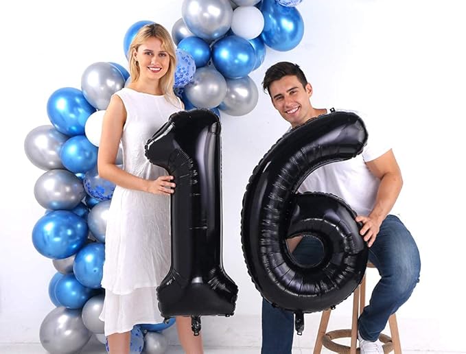 Black 16 Number Balloons Giant Jumbo Number 16 Foil Mylar Balloons for Girl Boy Men 16th Birthday Party Supplies 16 Anniversary Events Decorations