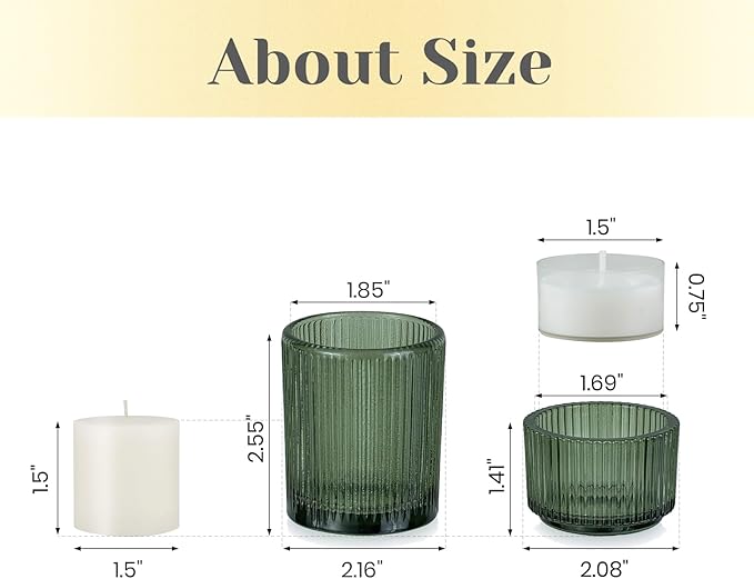 Hewory Glass Tealight Candle Holder: 8 Pcs Dark Green Votive Tea Lights Candle Holder, Ribbed Tea Light Holders Fall Decorations for Thanksgiving Table Centerpiece Wedding Party Home Decor