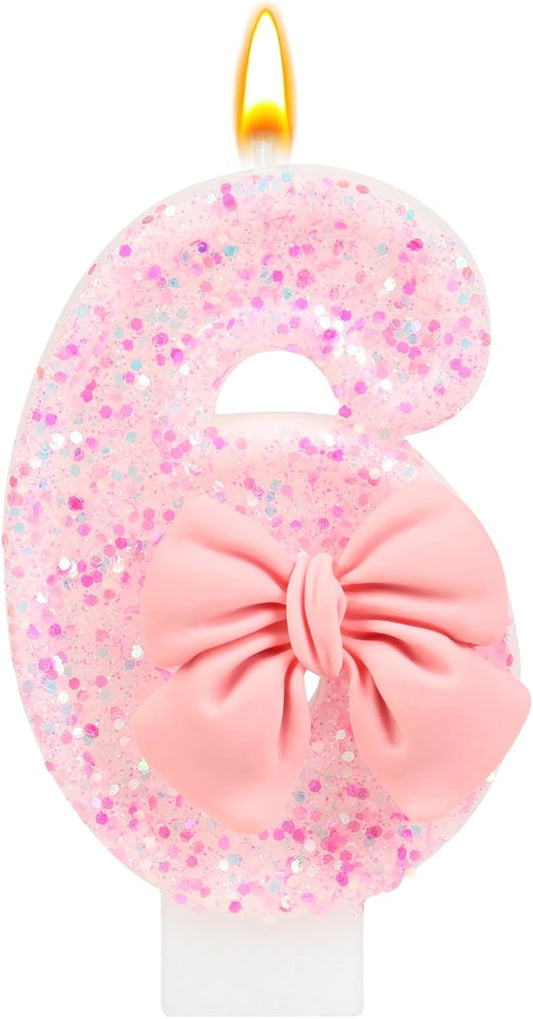 Pink Bow Number 6 Birthday Candle, Glittering Candles Birthday Cake Topper, Princess Themed Party Decor for Girls and Women Anniversary Party Supplies