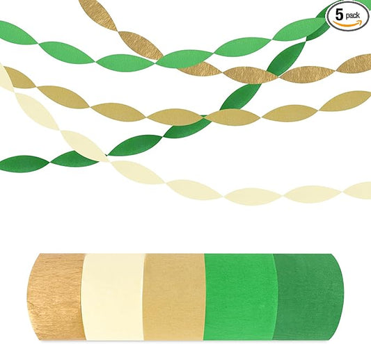 5 Rolls Grass Green & Gold Crepe Paper Streamers, Crepe Paper Craft for Wedding Baby Shower Birthday Bridal Party Engagement Decorations Supplies