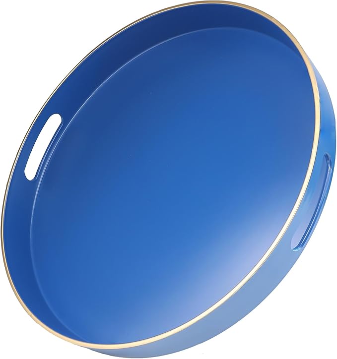 Royal Blue Round Decorative Tray with Handles, 13" Versatile Serving Tray for Coffee Table, Ottoman, Ideal for Serving, Displaying, Organizing