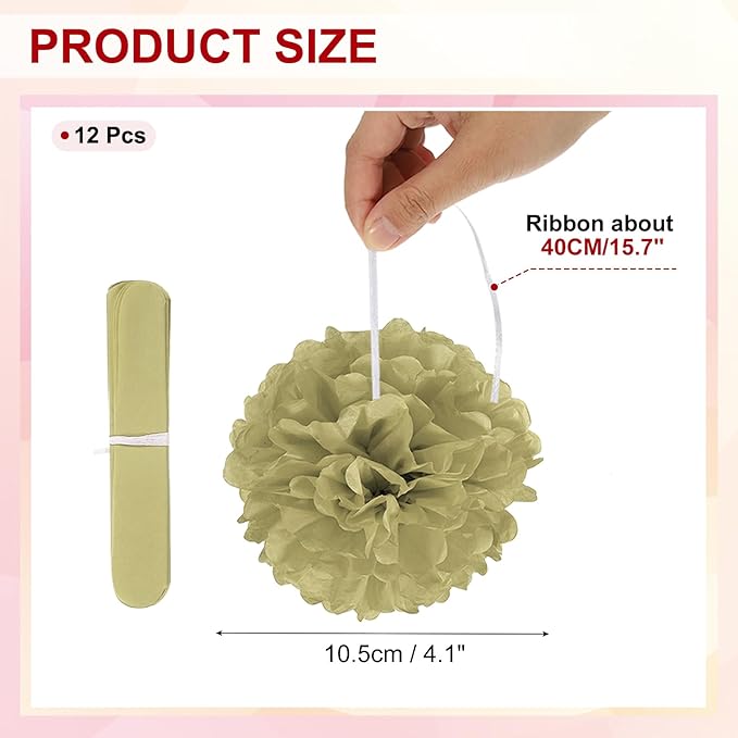 PATIKIL 4inch Tissue Paper Pom Poms, 12PCS Pom Poms Paper Flowers Ball Tissue Paper Flowers for Wedding Bridal Shower Birthday Bachelorette Party Backdrop Decoration, Gold