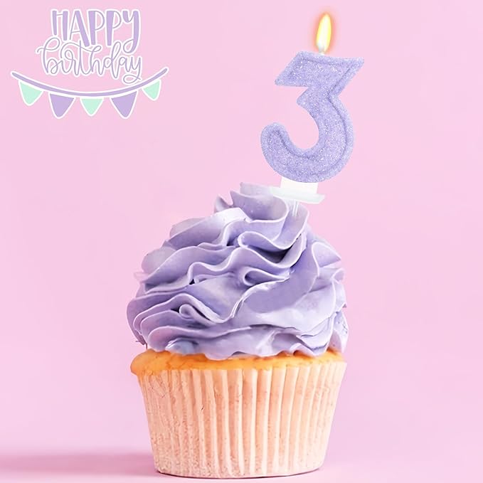 Purple Birthday Candles for Girls - Number 3 Candle Cake Topper for Purple Fairy Birthday Party Decorations