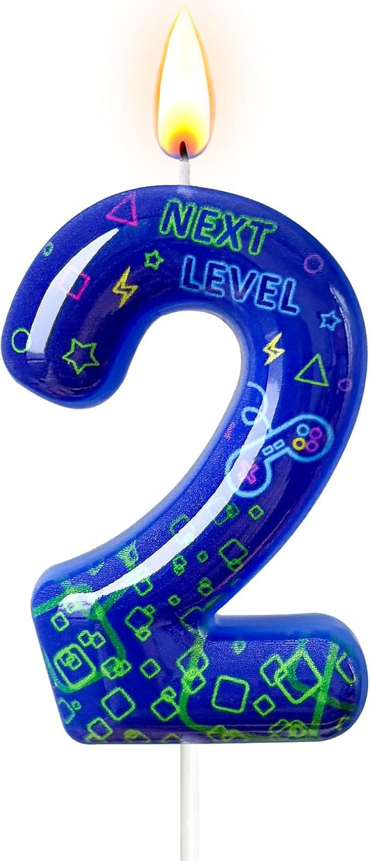 Number 2 Birthday Candle for Cake – Blue Gaming Theme Number Candle with “Next Level” Design, Video Game Style Cake Topper for Anniversary & Celebration