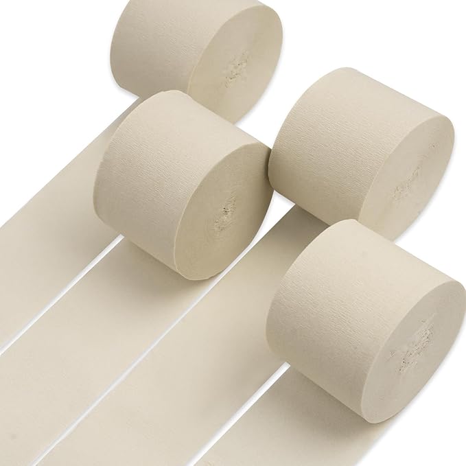 PartyWoo White Crepe Paper Streamers 4pcs 328ft Pack of Sand White Crepe Paper Streamers for Birthday Wedding Baby Shower Engagement Bachelorette Anniversary Graduation Retirement Party Decorations