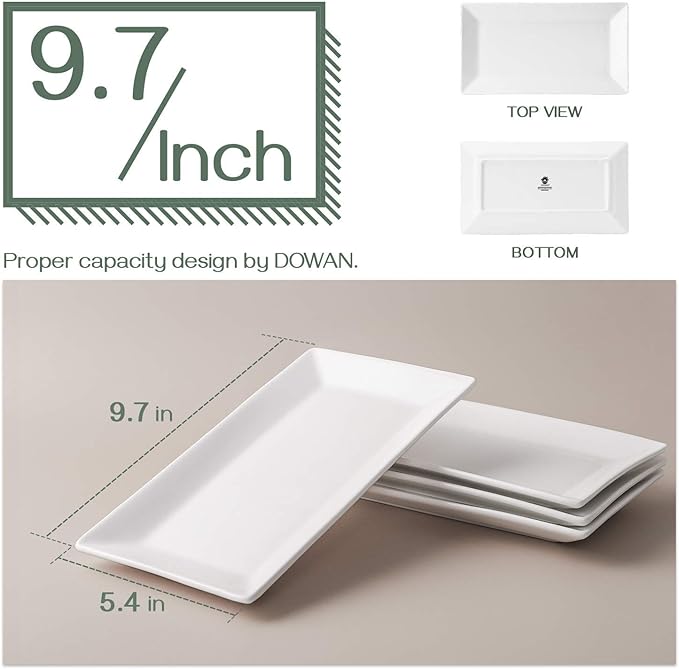 DOWAN 9.7" Rectangle Serving Plates Set of 4 - Restaurant Plates for Party, Wedding, and Entertaining - White Rectangular Dishes for Steak, Taco, Sushi, Chips, Appetizer, Cake - Dishwasher & Oven Safe