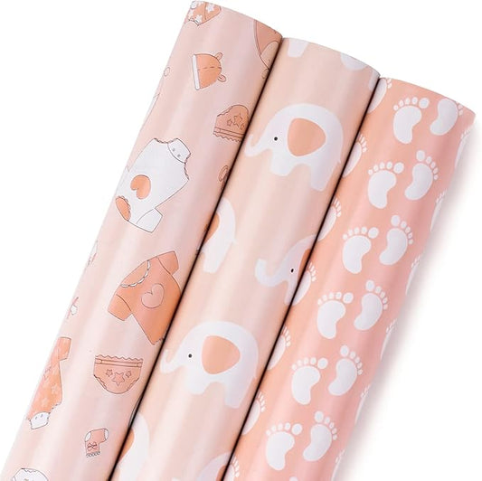 MAYPLUSS Pink Gift Wrapping Paper Roll - 17" X 120" Per Roll - Lovely Girly Little Girl Elephant, Clothing, Footprint Themed Birthday Gift Wrap Present Paper for Baby Shower, New Baby Party
