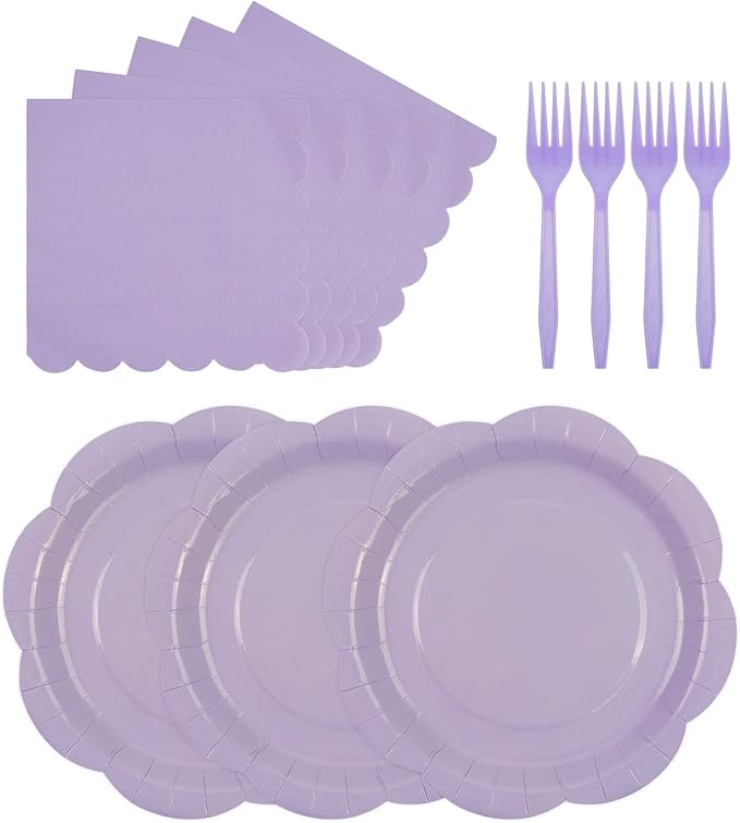 75 PCS Purple Paper Plates and Napkins Party Supplies, Light Purple Scalloped Plates Napkins Forks Disposable Tableware Set for Bridal Baby Shower Wedding Birthday Party Decorations