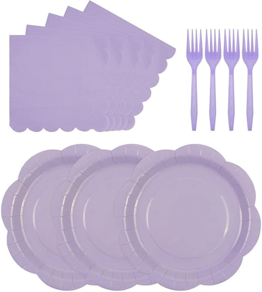75 PCS Purple Paper Plates and Napkins Party Supplies, Light Purple Scalloped Plates Napkins Forks Disposable Tableware Set for Bridal Baby Shower Wedding Birthday Party Decorations