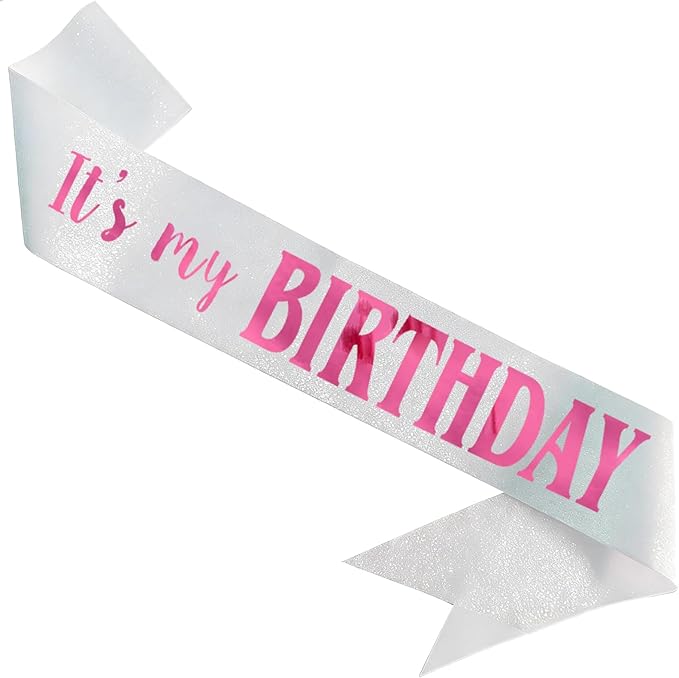 It's My Birthday Sash, Pink Foil Letter Glitter White Birthday Sash for Women Girl Kids Teenager Funny Bday Gifts Party Favors Photo Prop