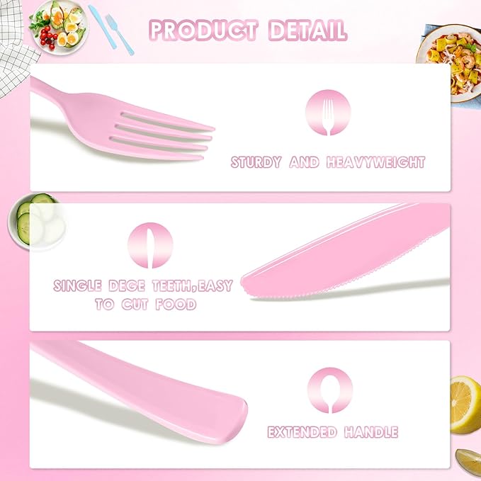 300 Pack Pink Disposable Plastic Silverware Heavy Duty, Plastic Cutlery Set,Forks and Spoons Knives Set for Birthday Party Prom Night, Weddings