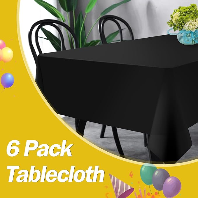 tujol Black 6 Pack Plastic Table Cloth 54" x 108", Disposable Tablecloths Rectangle Table Cover, Plastic Tablecloths for Parties