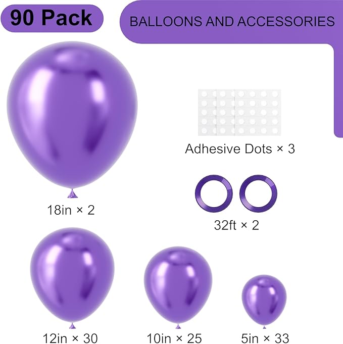 Voircoloria 90pack Metallic Purple Balloons Different Size 18/12/10/5 Inch Metallic Purple Balloon Garland Arch Kit for Graduation, Wedding, Birthday, Anniversary, New Year Party Decorations