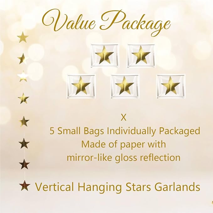 65Feet Gold Star Garland Banner Hanging Birthday Graduation Party Decorations- Golden Double Side Twinkle Paper Stars Streamers Backdrop for Prom Classroom Welcome Home Ceiling Decor, 5Pack