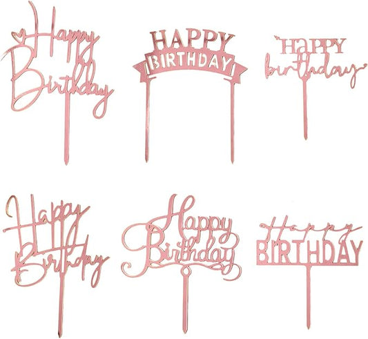Rose Gold Cake Topper, 6pcs Acrylic Cake Toppers for Birthday Decorations