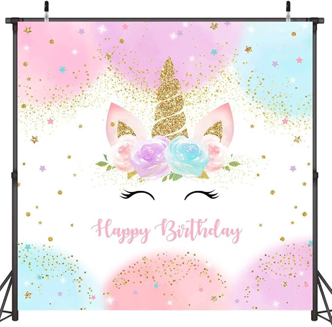 Mocsicka Unicorn Birthday Decorations Backdrop for Girls Party 6x6ft Pastel Rainbow Glitter Stars Dots Happy Birthday Banner Photo Booth Props