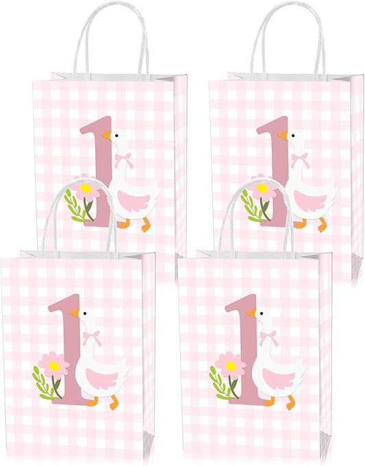 Roselush 16 Pcs Goose 1st Birthday Goodie Bag,Pink Gingham Goose 1st Bday Gift Snacks Treat Candy Party Favors Bags for Girls First Birthday Party Decorations Supplies