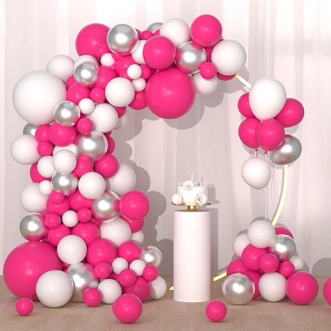 Rose Red, White, Metallic Silver Balloons Set, Hot Pink White Silver Balloon Arch for Birthday Baby Shower Princess Girl Baby Shower Christmas Party Supplies