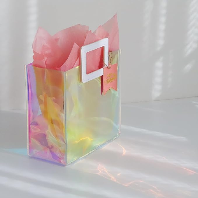 8.3'' Holographic Small Birthday Gift Bag with Tissue Paper and Happy Birthday Gift Tag for Women Girls Mothers (S- Glossy Coral)