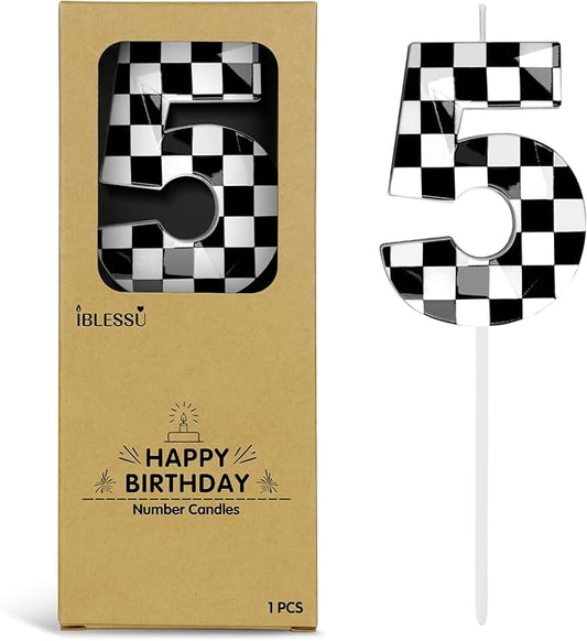 Number 5 Racing Cars Birthday Candles,2.68 Inch Black White Checkered Birthday Number Candles, Cool Racing Themed Number Candles for Boys and Girls, Kids Race Car Themed Party Decorations Supplies