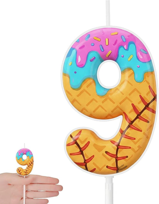 Conelist 9th Baseball Ice Cream Drip Birthday Number Candles Baseball Drip Cake Topper Candle Cupcake Topper Decoration for Sport Theme Happy Birthday Party Favors Anniversary Supplies(1 Pcs)