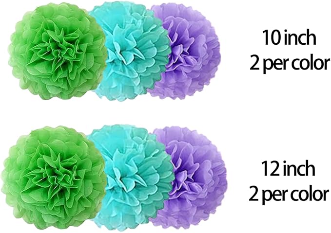 Green Blue and Purple Paper Pom Poms (12 Pack) - Hanging Tissue Flowers for Birthday Party Ceiling Decorations