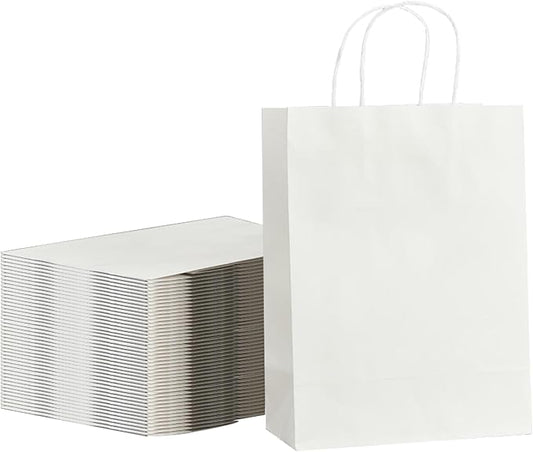 METAPRINT Kraft Paper Gift Bags with Handles in Bulk, 100pcs White Paper Bags 8x4.5x10.8 inch, Recyclable Shopping Bags for Retail, Grocery, Party Favors, Wedding