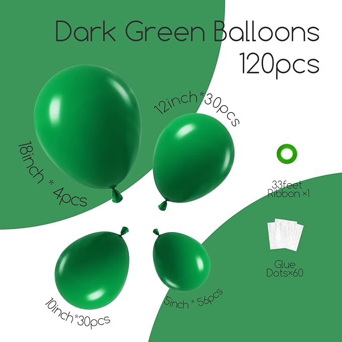 Awenztech 120pcs Dark Green Balloon Arch Kit, 18 12 10 5 inch Green Latex Balloons Different Sizes Dark Green Balloon Garland for Jungle Tropical Safari Birthday Party Decorations