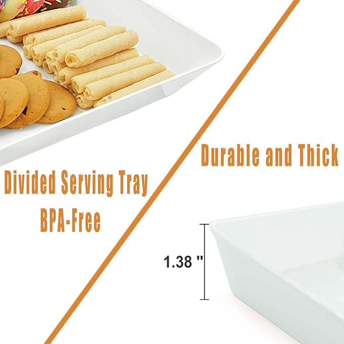 Serving Tray Platter Rectangle, 5 Pcs Long Narrow Food Tray for Veggie Fruit Snack Dessert, Plastic White Food Trays for Party Supplies Display, Rectangular Platters for Serving Food, BPA Free