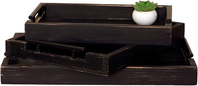 Coffee Table Tray Decorative Nested Vintage Wood Serving Tray Set for Eating, Trays for Eating on Couch Breakfast, Party, Kitchen,Ottoman,Tea Coffee Table Large (Rustic Black, 3Pc)