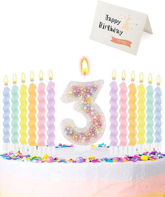 Birthday Candles for Cake, Pink Number Candles, Cake Candles with Greeting Card for Birthday Party Wedding Anniversary Celebrations（3 Candle,White Number Macaron）
