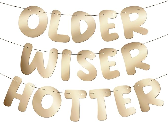 Fulmoon Set of 3 Pre Strung Older Wiser Hotter Glitter Banner Funny Birthday Banner for Women 30th 40th 50th 60th 70th 80th Birthday Party Decorations Sign Gift(Shiny Champagne Gold)