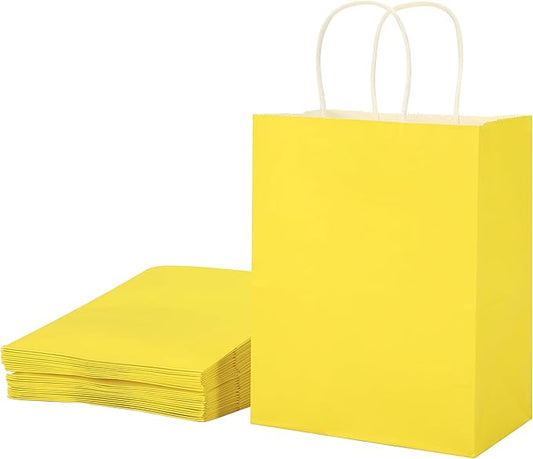 SUNCOLOR 25 Pack Yellow Gift Bags with Handles – 8x4.5x10 Medium Bags for Shopping, Retail, DIY, Wedding, Party Favors & Special Occasions
