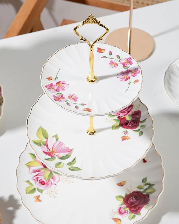 Sweejar 3 Tier Ceramic Cake Stand Wedding, Dessert Cupcake Stand for Tea Party Serving Platter (Fresh Flower)